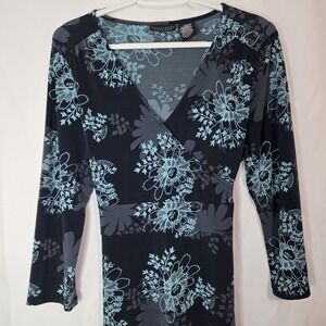 Apostrophe Stretch Floral Wrap Style Top Blue Black Long Sleeve Women Y2K M